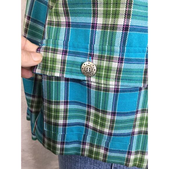 Southern‎ Lady Top Shacket Womens 8 Flannel Button Down Teal Blue & Green Plaid - Picture 10 of 15